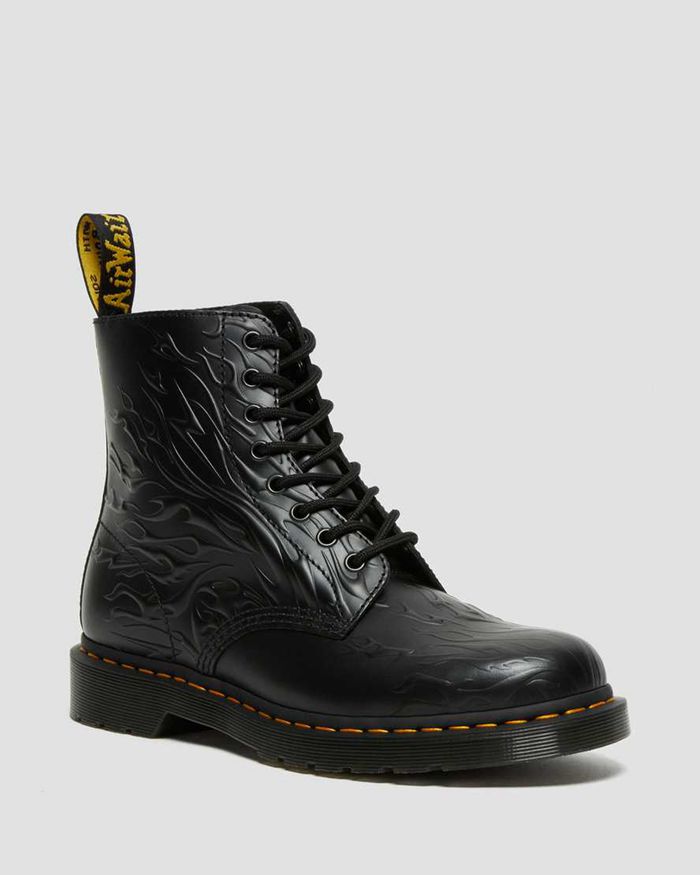 Dr Martens Womens 1460 Flames Emboss Leather Lace Up Ankle Boots Black - 53419ISXD